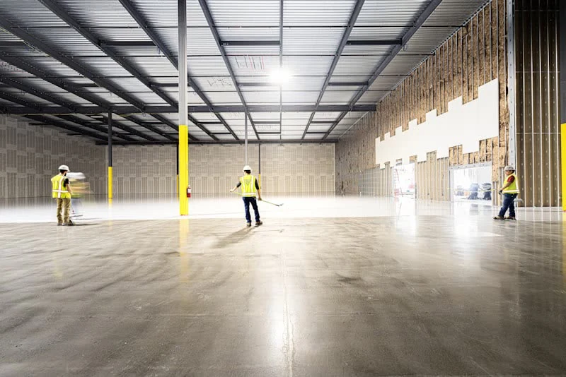 Construction workers inspecting a commercial retail shell during shop fit-out delivery